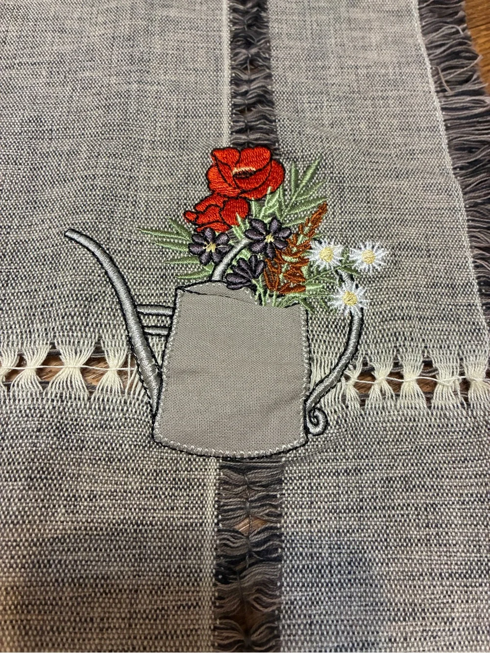 5 Gray Embroidered Watering Can Placemats with Fringe (Set of 5)